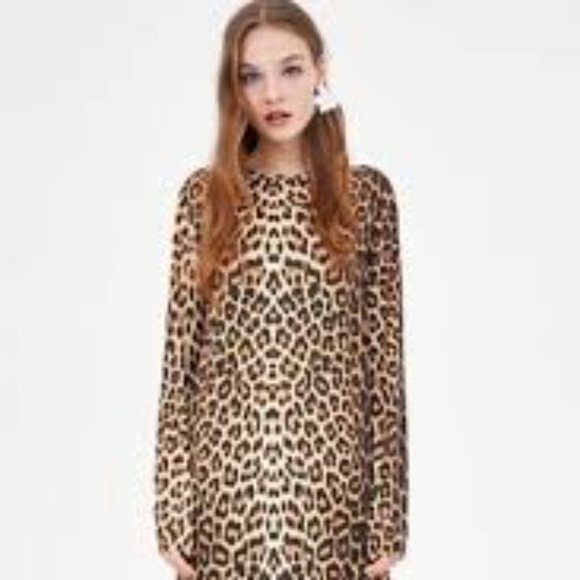 New ZARA S Small Mock Neck Animal Leopard Print Mini Short Dress - Picture 2 of 16